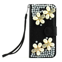 iPhone 5 5S Crystal Flip Leather Wallet Case with Stand Strap (Four Flower Black)